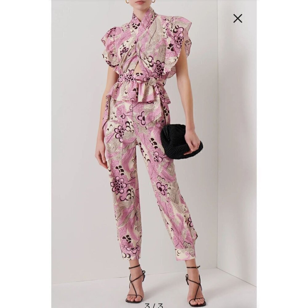 Derek Lam 10 Crosby Atticus Floral Tapered Linen Utility Pants Pink Womens Size